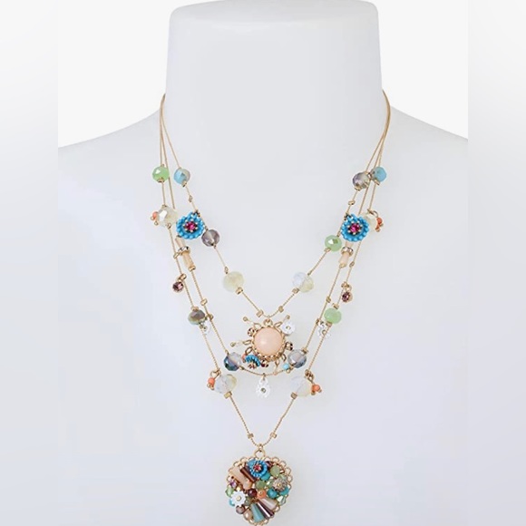 NWT Betsey Johnson Woven Mixed Multi-Colored Bead Flower Heart Illusion Necklace - Picture 2 of 4